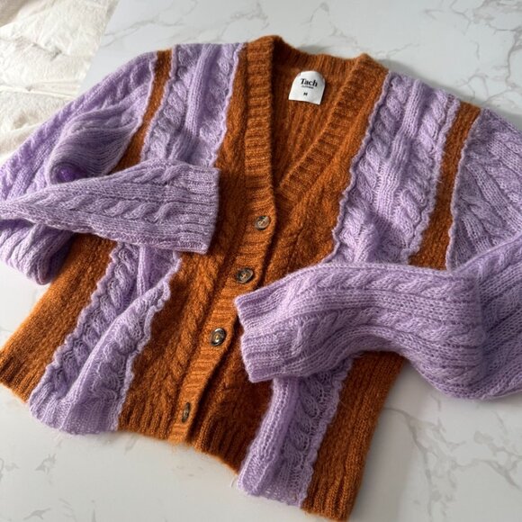 Tach Clothing Colorblock Lilac and Rust Cable Knit Cropped Cardigan Sweater - M - Picture 3 of 14